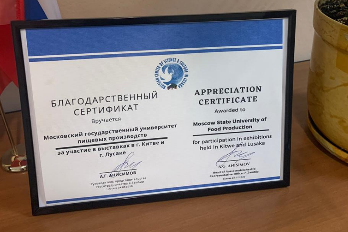 Сертификат от Российского центра науки и культуры в Замбии 
